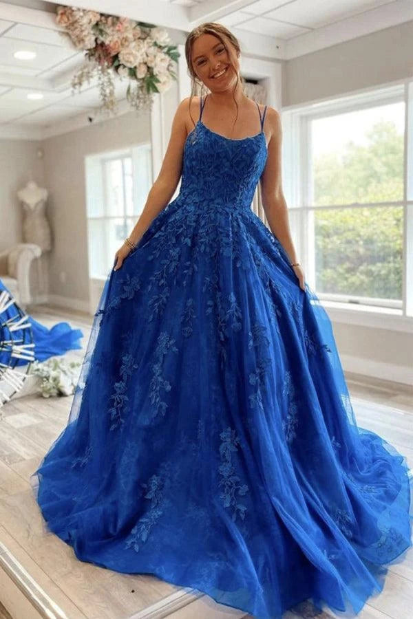 Elegant A-Line Sweetheart Sleeveless Floral Lace Royal Blue Floor-Length Prom Gown