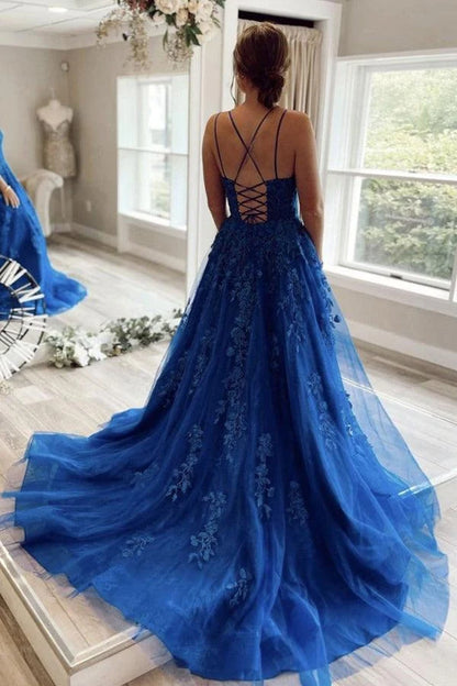 Elegant A-Line Sweetheart Sleeveless Floral Lace Royal Blue Floor-Length Prom Gown