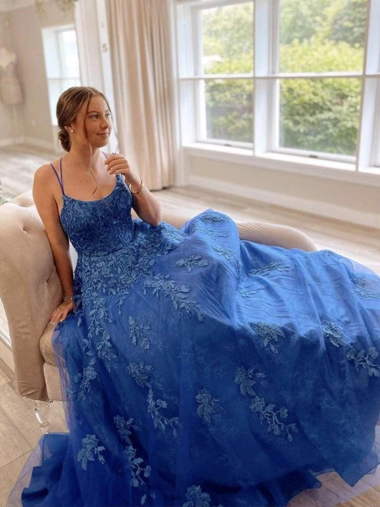 Elegant A-Line Sweetheart Sleeveless Floral Lace Royal Blue Floor-Length Prom Gown