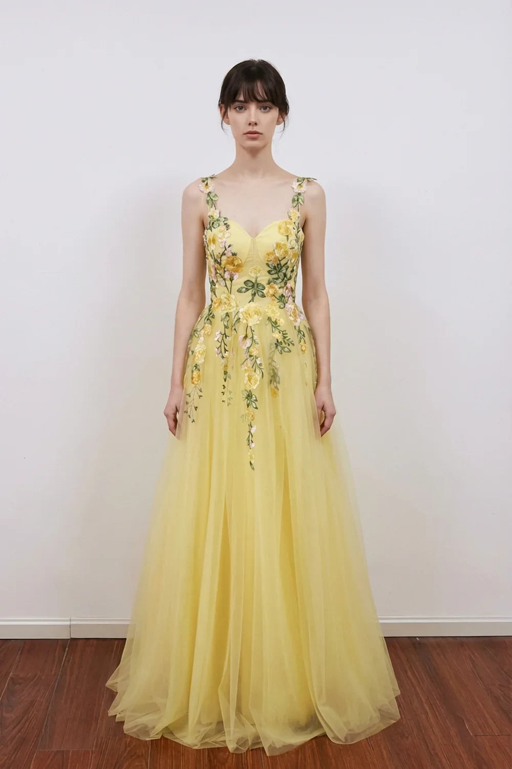 Elegant A-Line Sweetheart Sleeveless Floral Light Yellow Floor-Length Prom Dress