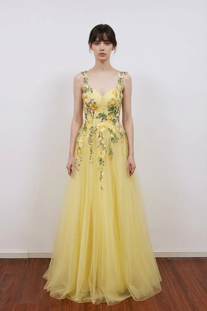 Elegant A-Line Sweetheart Sleeveless Floral Light Yellow Floor-Length Prom Dress