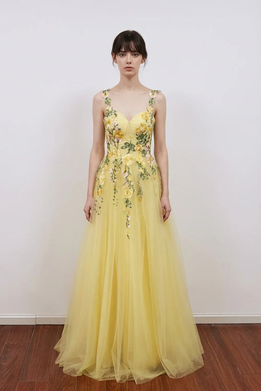 Elegant A-Line Sweetheart Sleeveless Floral Light Yellow Floor-Length Prom Dress