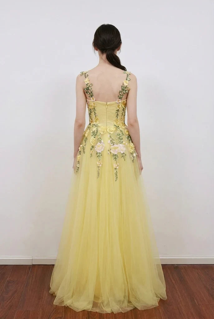 Elegant A-Line Sweetheart Sleeveless Floral Light Yellow Floor-Length Prom Dress