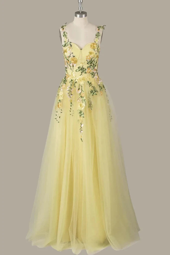 Elegant A-Line Sweetheart Sleeveless Floral Light Yellow Floor-Length Prom Dress