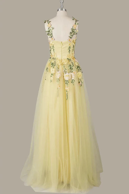 Elegant A-Line Sweetheart Sleeveless Floral Light Yellow Floor-Length Prom Dress