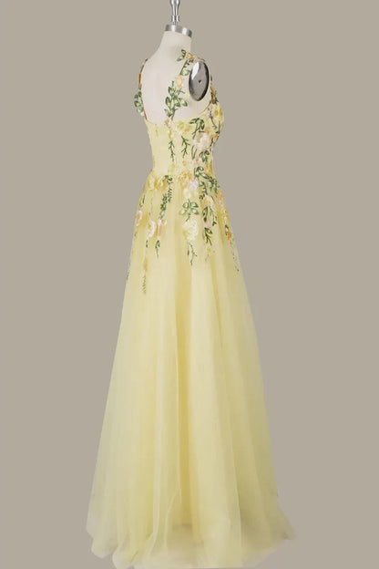 Elegant A-Line Sweetheart Sleeveless Floral Light Yellow Floor-Length Prom Dress