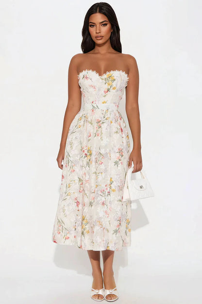 Elegant A-Line Sweetheart Sleeveless Floral Ruffle Cream Midi Prom Dress