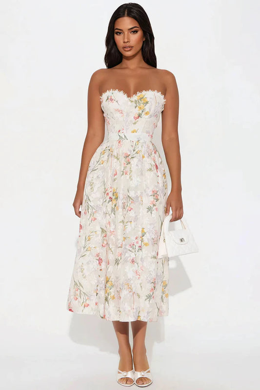 Elegant A-Line Sweetheart Sleeveless Floral Ruffle Cream Midi Prom Dress