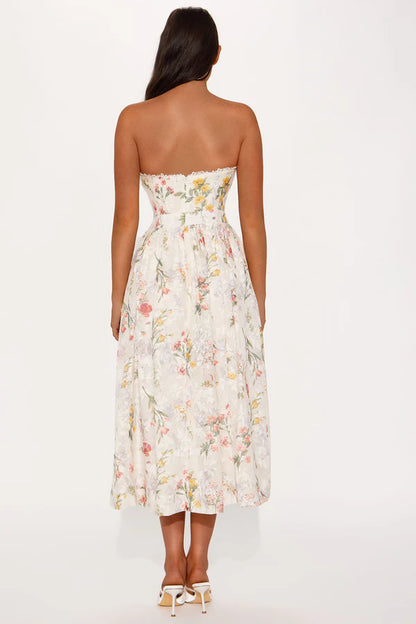 Elegant A-Line Sweetheart Sleeveless Floral Ruffle Cream Midi Prom Dress