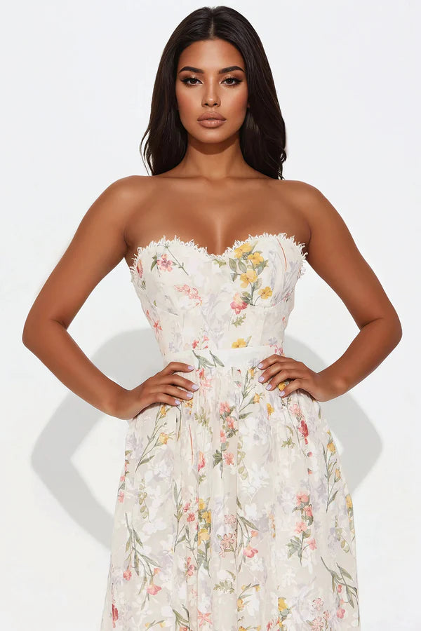 Elegant A-Line Sweetheart Sleeveless Floral Ruffle Cream Midi Prom Dress