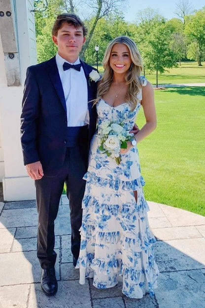 Elegant A-Line Sweetheart Sleeveless Floral Tiered Blue Long Prom Dresses For Women
