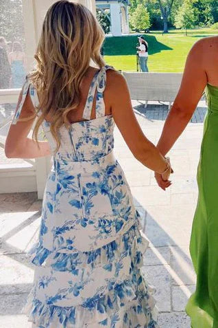 Elegant A-Line Sweetheart Sleeveless Floral Tiered Blue Long Prom Dresses For Women
