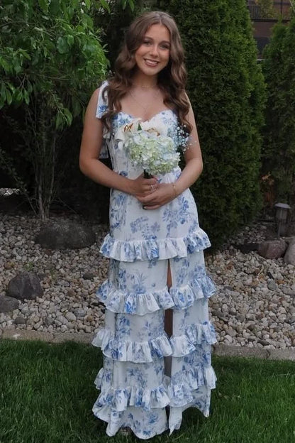 Elegant A-Line Sweetheart Sleeveless Floral Tiered Blue Long Prom Dresses For Women