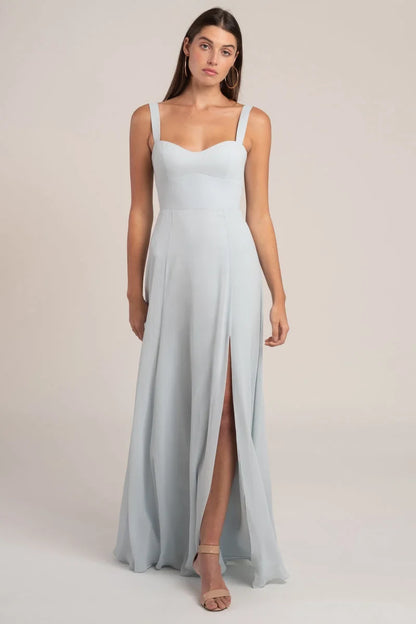 Elegant A-Line Sweetheart Sleeveless Flowy Slit Sage Blue Floor Bridesmaid Dress