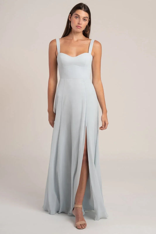 Elegant A-Line Sweetheart Sleeveless Flowy Slit Sage Blue Floor Bridesmaid Dress