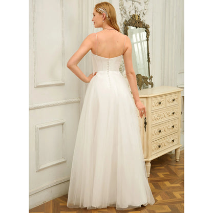 Elegant A-Line Sweetheart Sleeveless Flowy Slit White Floor Wedding Dress Bridal Gown