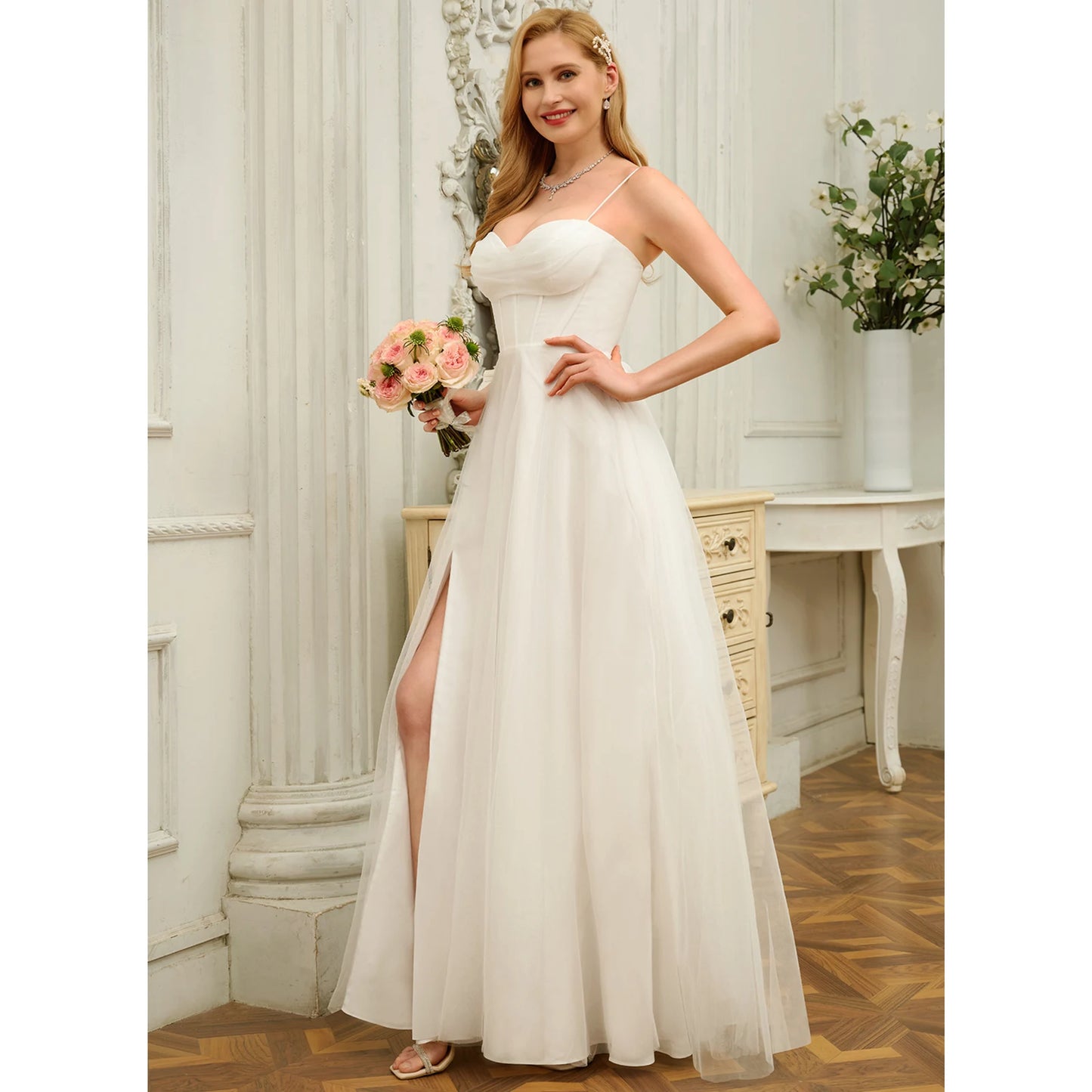 Elegant A-Line Sweetheart Sleeveless Flowy Slit White Floor Wedding Dress Bridal Gown