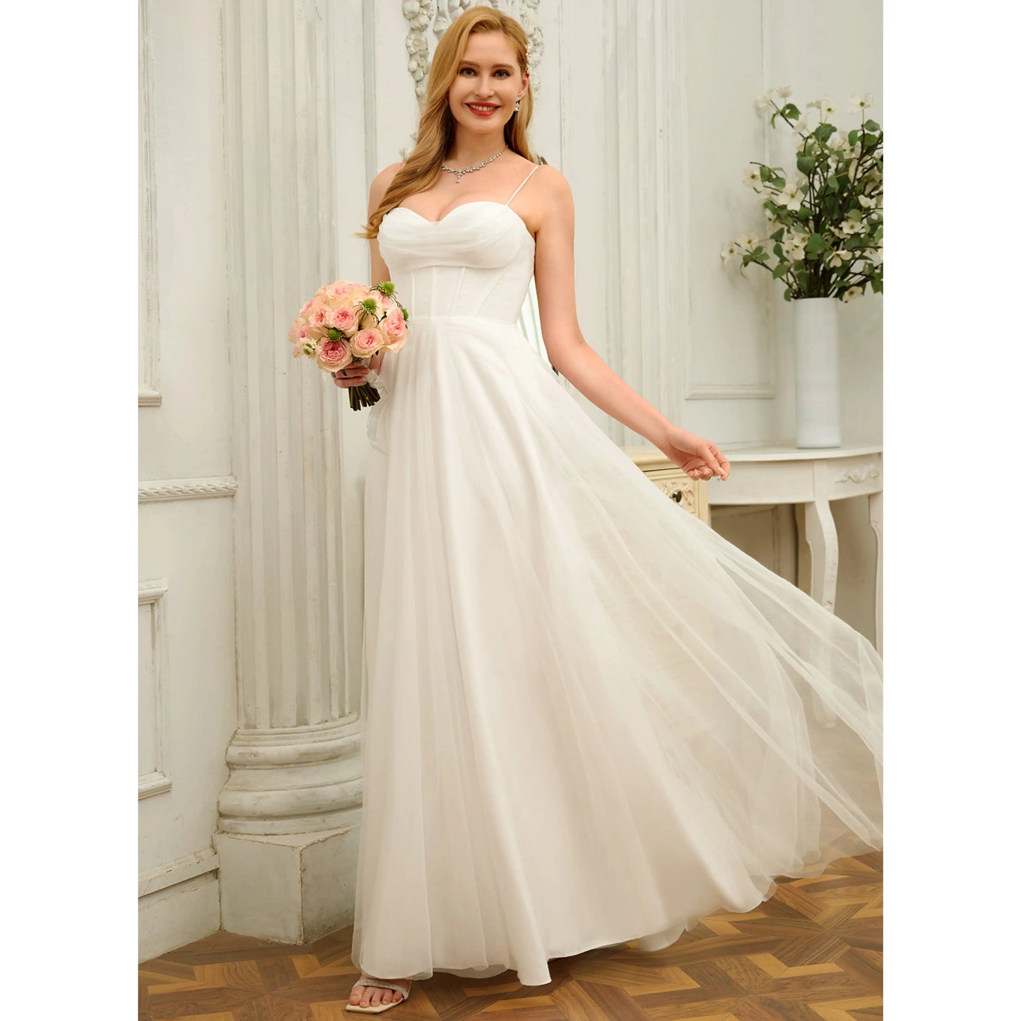 Elegant A-Line Sweetheart Sleeveless Flowy Slit White Floor Wedding Dress Bridal Gown