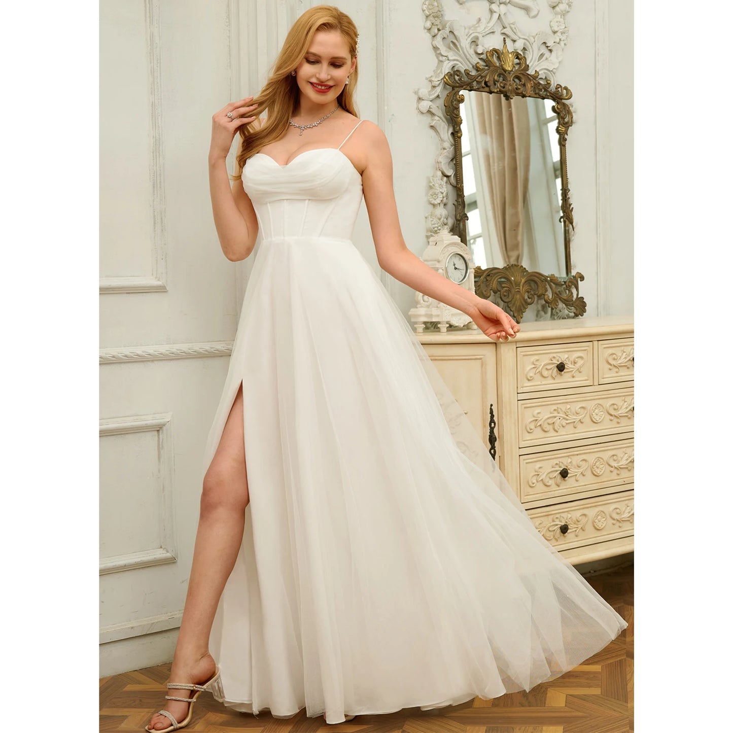 Elegant A-Line Sweetheart Sleeveless Flowy Slit White Floor Wedding Dress Bridal Gown