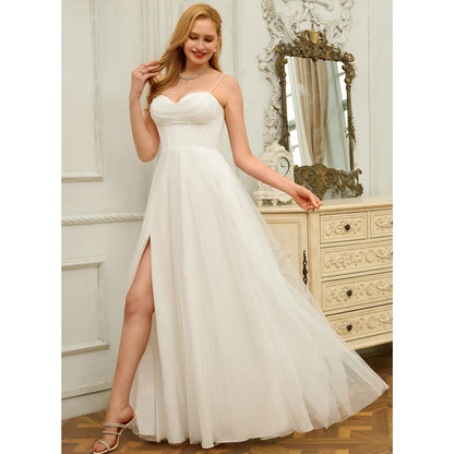 Elegant A-Line Sweetheart Sleeveless Flowy Slit White Floor Wedding Dress Bridal Gown
