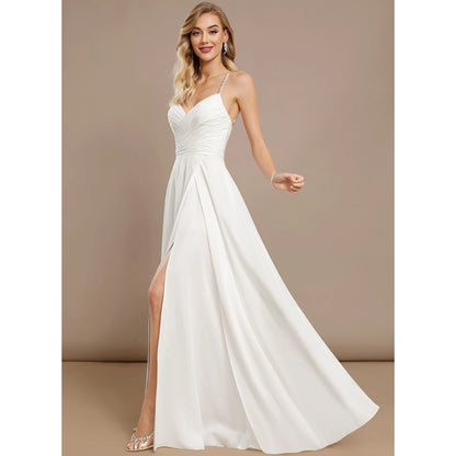 Elegant A-Line Sweetheart Sleeveless High Slit White Floor-Length Wedding Dresses