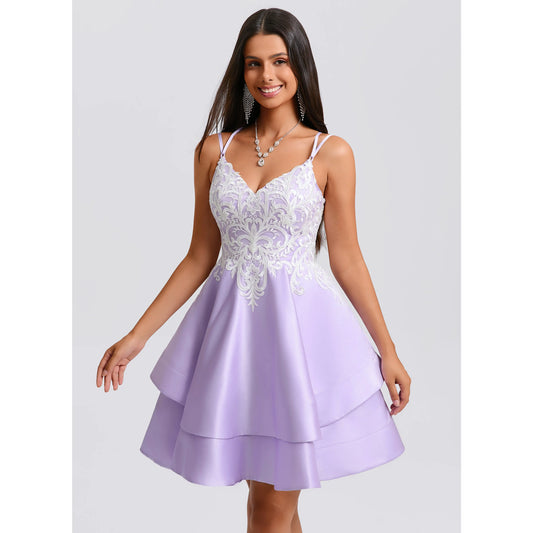 Elegant A-Line Sweetheart Sleeveless Lace Tiered Lavender Short Homecoming Dresses