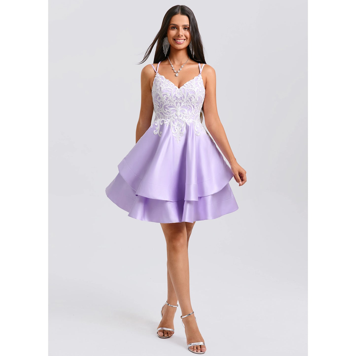 Elegant A-Line Sweetheart Sleeveless Lace Tiered Lavender Short Homecoming Dresses