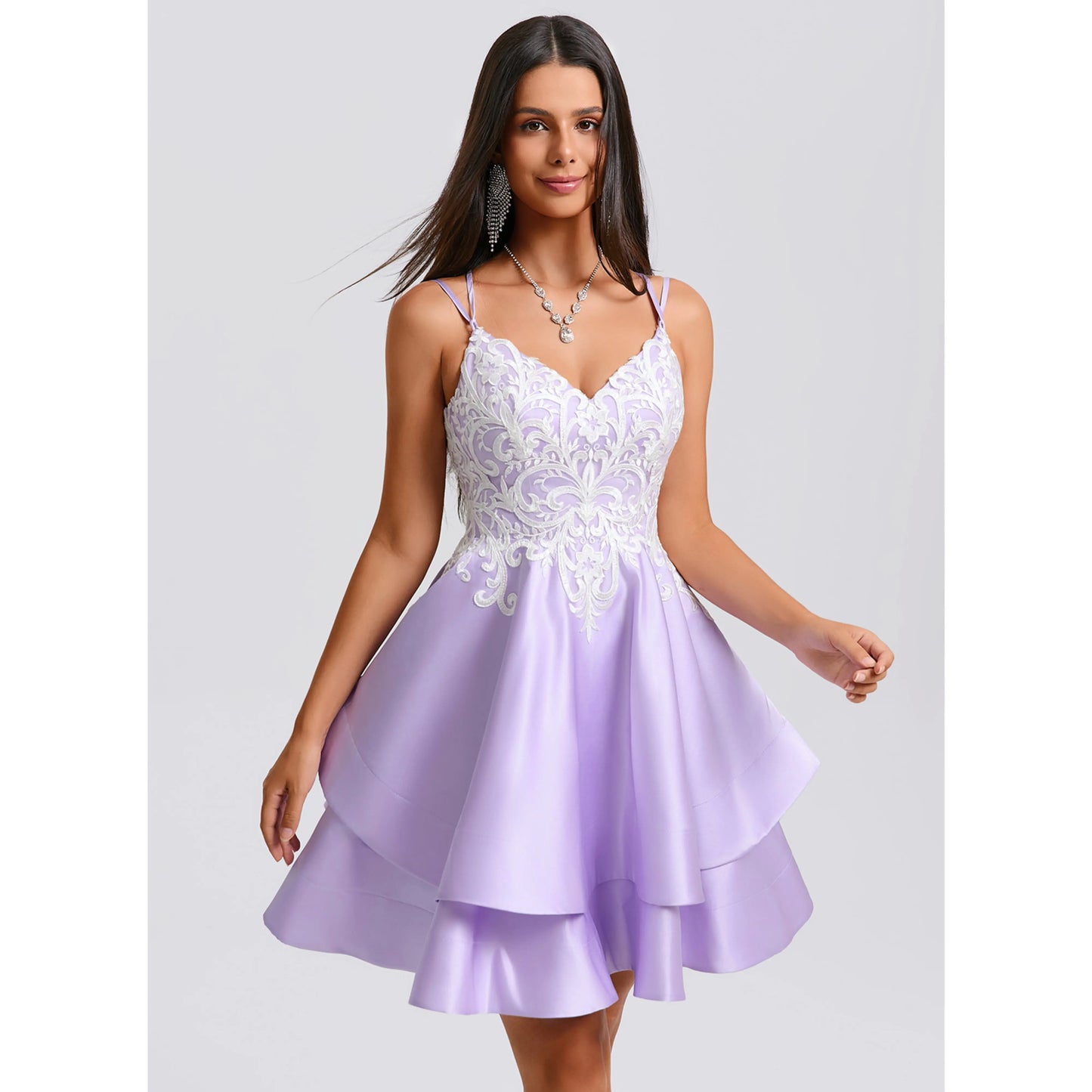Elegant A-Line Sweetheart Sleeveless Lace Tiered Lavender Short Homecoming Dresses