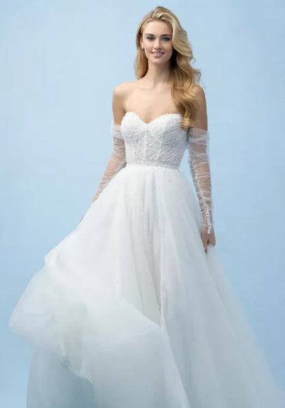 Elegant A-Line Sweetheart Sleeveless Pearl Slit White Long Wedding Dresses Bridal Gown