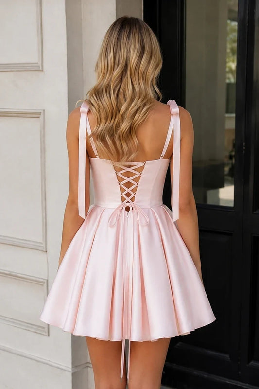Elegant A-Line Sweetheart Sleeveless Pleated Bow Pink Short Homecoming Dress for Women