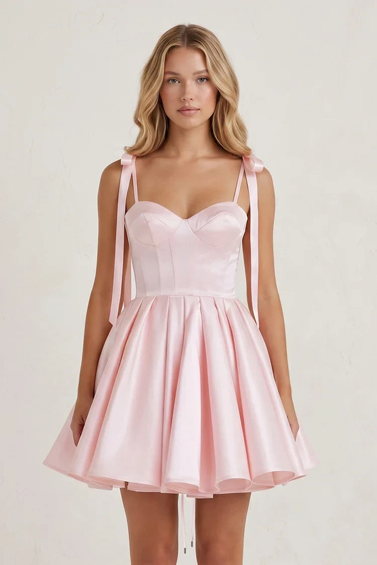 Elegant A-Line Sweetheart Sleeveless Pleated Bow Pink Short Homecoming Dress for Women