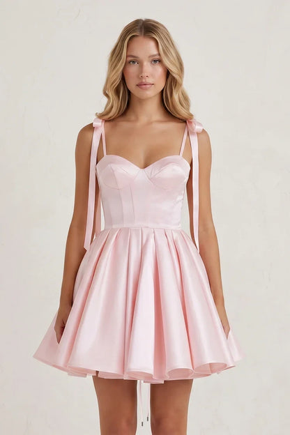 Elegant A-Line Sweetheart Sleeveless Pleated Bow Pink Short Homecoming Dress for Women