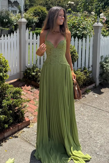 Elegant A-Line Sweetheart Sleeveless Pleated Corset Green Prom Dresses Womens Gown