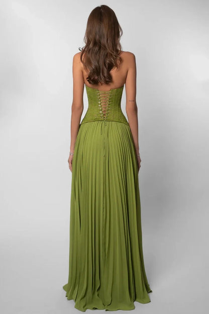 Elegant A-Line Sweetheart Sleeveless Pleated Corset Green Prom Dresses Womens Gown