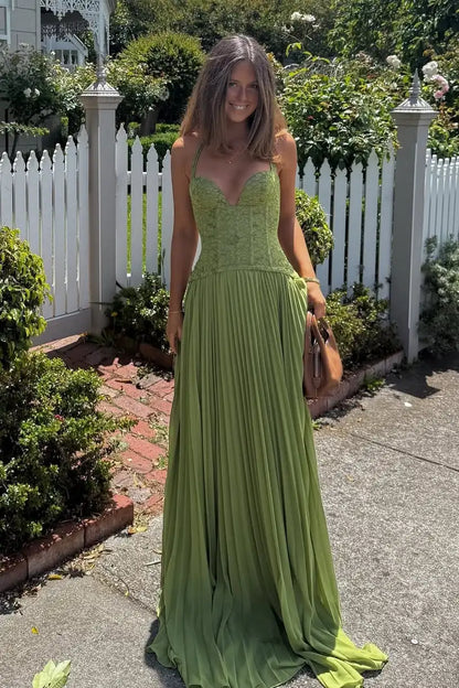 Elegant A-Line Sweetheart Sleeveless Pleated Corset Green Prom Dresses Womens Gown