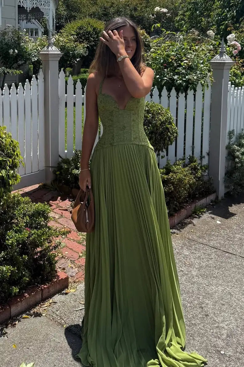Elegant A-Line Sweetheart Sleeveless Pleated Corset Green Prom Dresses Womens Gown