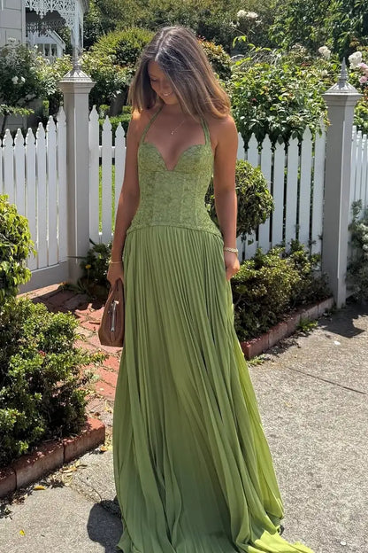 Elegant A-Line Sweetheart Sleeveless Pleated Corset Green Prom Dresses Womens Gown