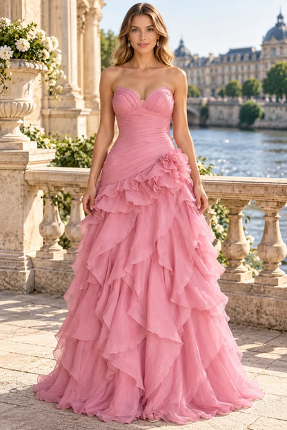 Elegant A-Line Sweetheart Sleeveless Pleated Ruffle Pink Long Prom Dresses Women