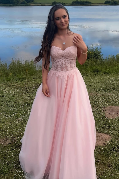 Elegant A-Line Sweetheart Sleeveless Romantic Enchanting Pink Floor-Length Prom Dresses Women's Gown
