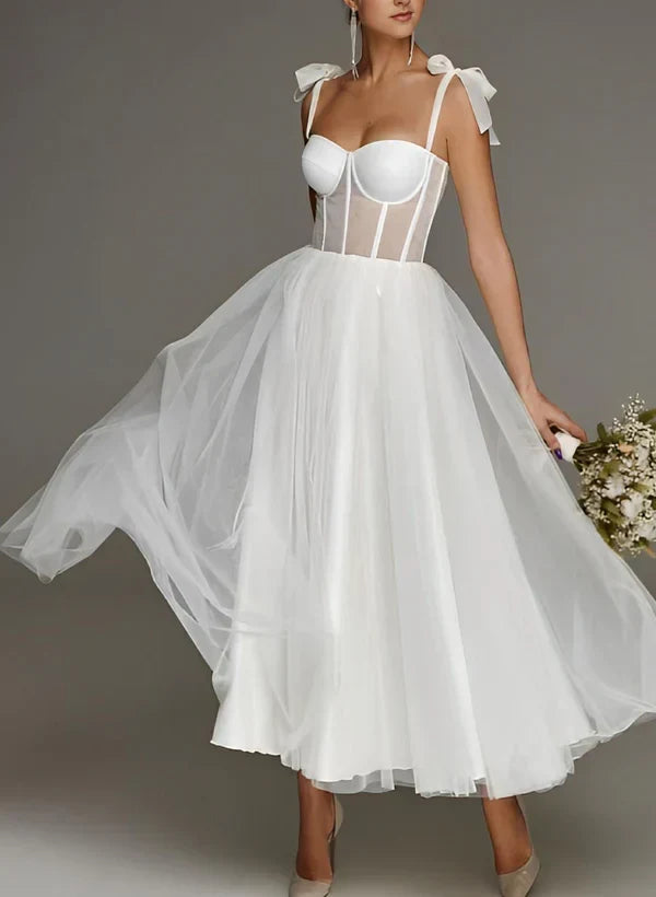 Elegant A-Line Sweetheart Sleeveless Romantic White Midi Wedding Dresses for Brides