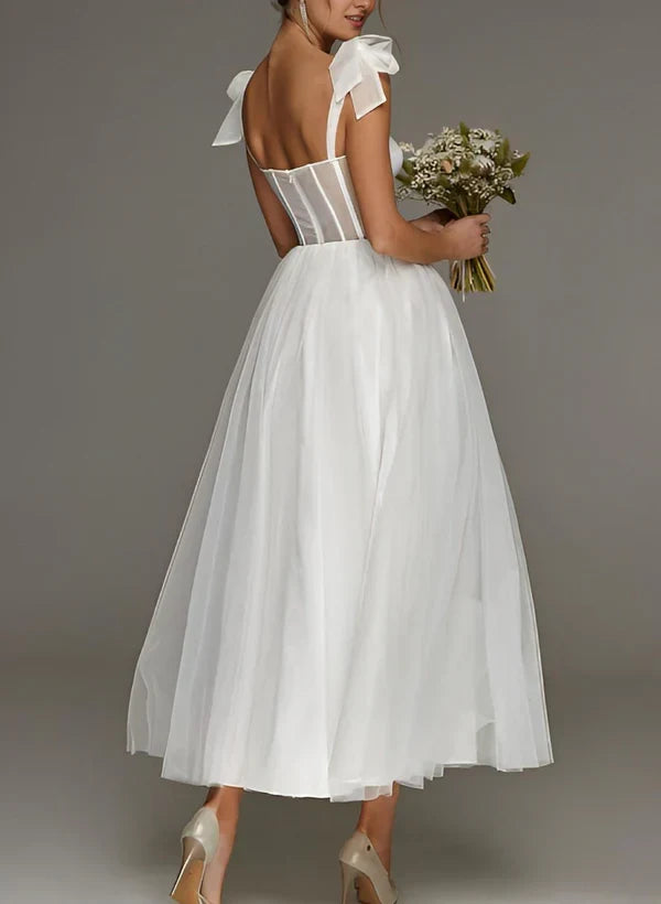 Elegant A-Line Sweetheart Sleeveless Romantic White Midi Wedding Dresses for Brides