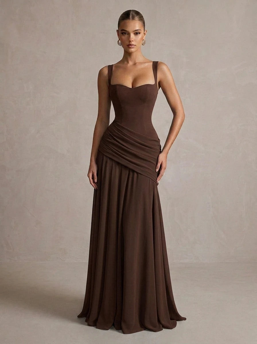Elegant A-Line Sweetheart Sleeveless Ruched Corset Brown Long Prom Dresses Women