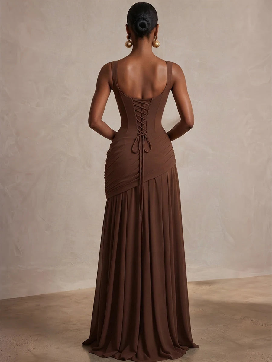 Elegant A-Line Sweetheart Sleeveless Ruched Corset Brown Long Prom Dresses Women