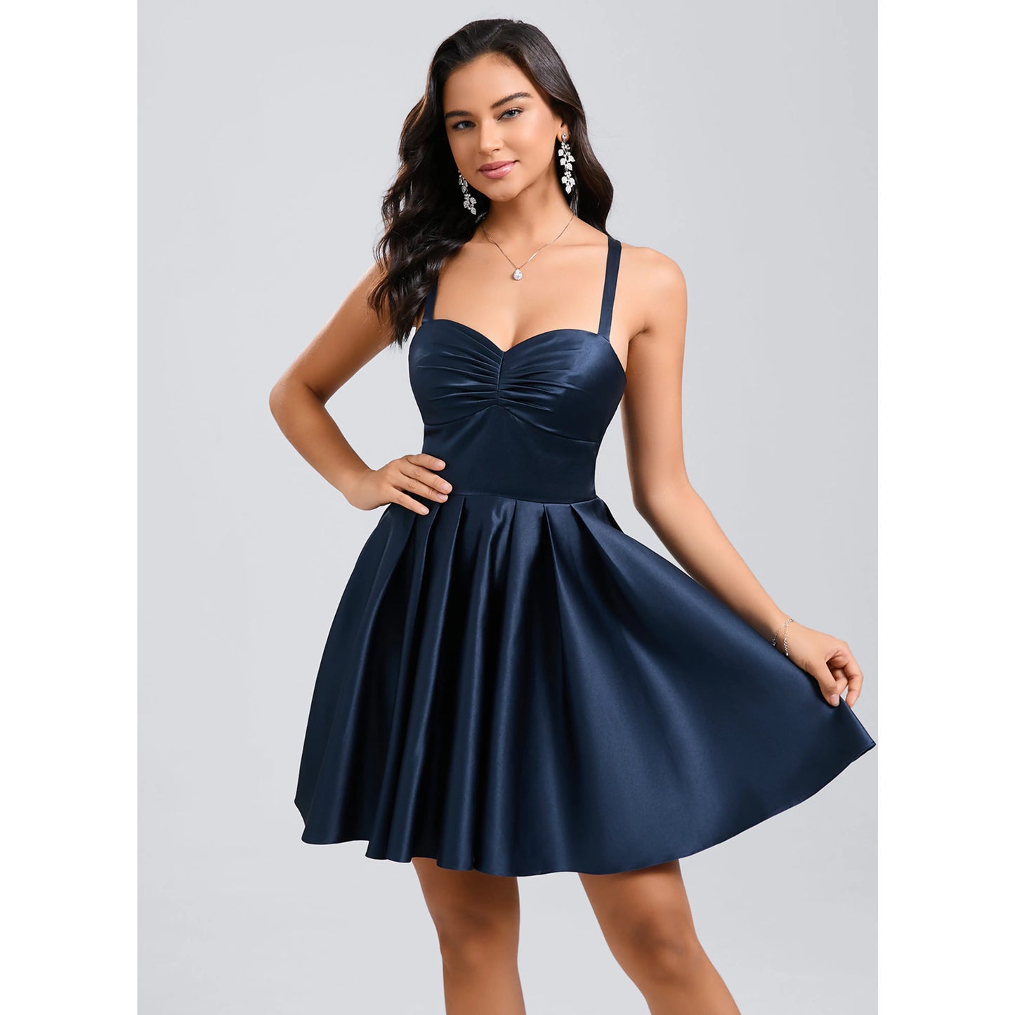 Elegant A-Line Sweetheart Sleeveless Ruched Criss-Cross Navy Short Homecoming Dress Women's