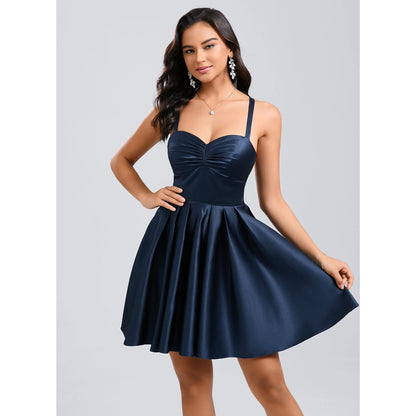 Elegant A-Line Sweetheart Sleeveless Ruched Criss-Cross Navy Short Homecoming Dress Women's