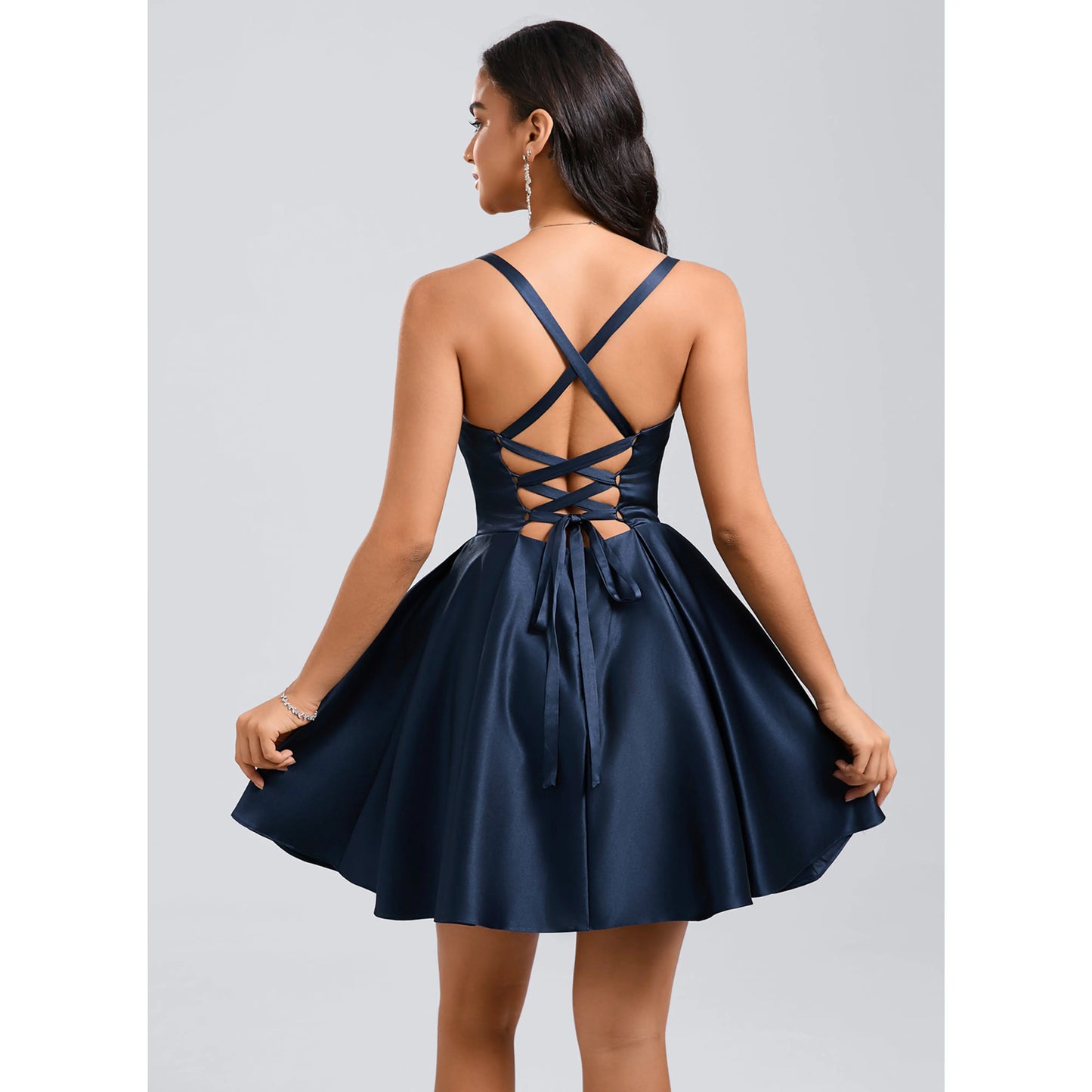 Elegant A-Line Sweetheart Sleeveless Ruched Criss-Cross Navy Short Homecoming Dress Women's