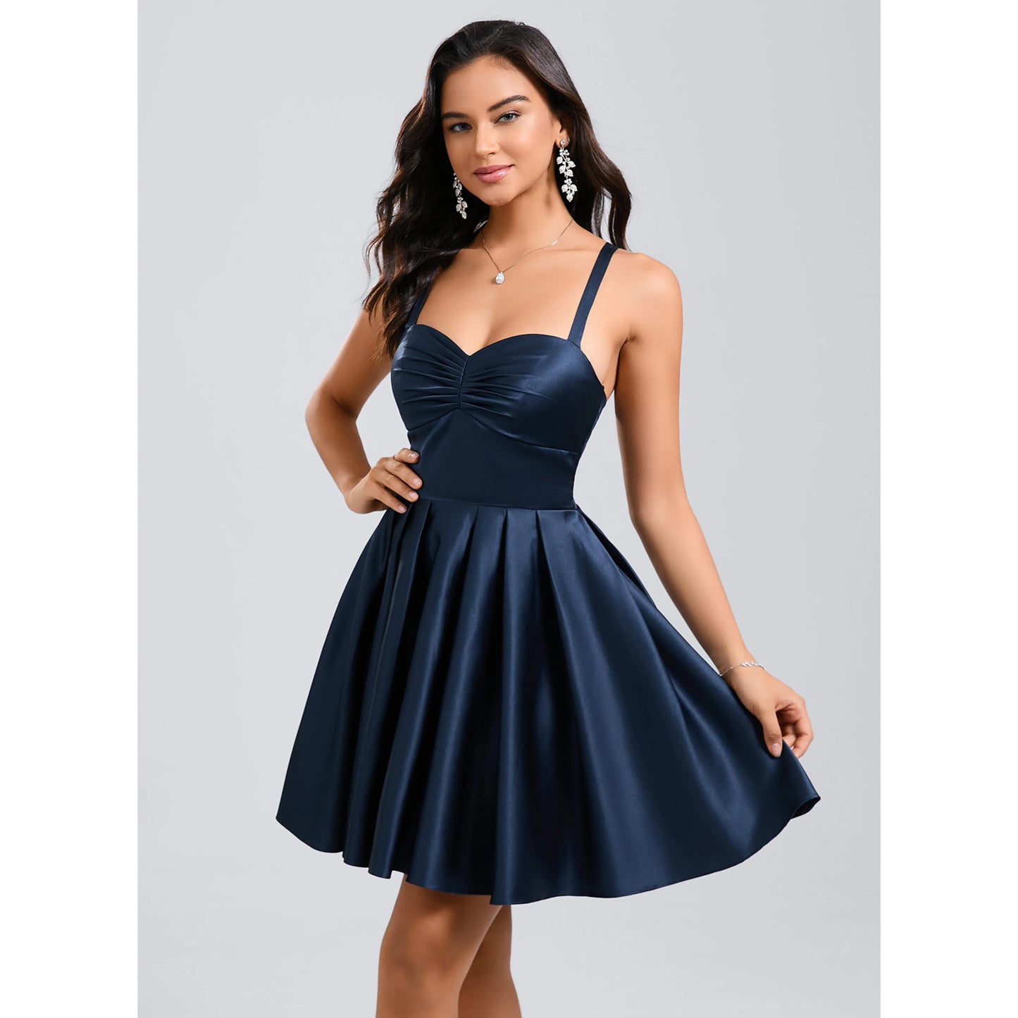 Elegant A-Line Sweetheart Sleeveless Ruched Criss-Cross Navy Short Homecoming Dress Women's