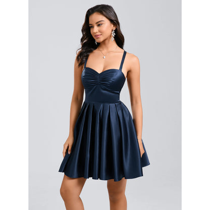 Elegant A-Line Sweetheart Sleeveless Ruched Criss-Cross Navy Short Homecoming Dress Women's