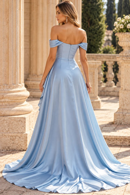 Elegant A-Line Sweetheart Sleeveless Ruched Slit Blue Long Prom Dresses For Women