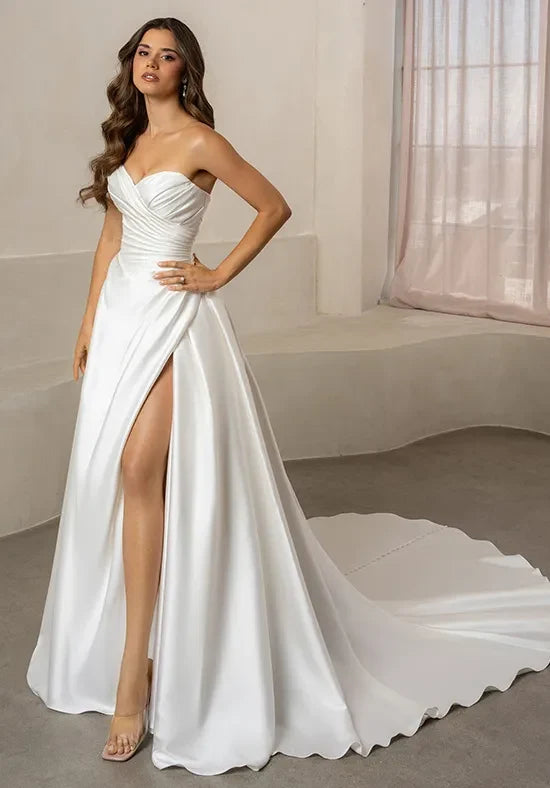 Elegant A-Line Sweetheart Sleeveless Ruched Slit White Long Wedding Dresses Women Gown